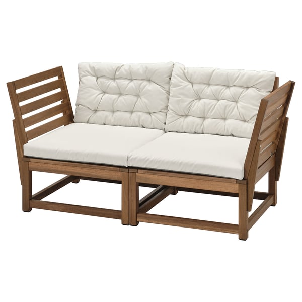 NÄMMARÖ 2-seat modular sofa, outdoor, armrests light brown stained/Kuddarna light grey-beige, 147 cm