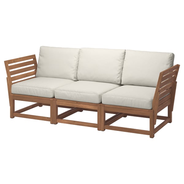 NÄMMARÖ 3-seat modular sofa, outdoor, armrests light brown stained/Frösön/Duvholmen beige, 210 cm
