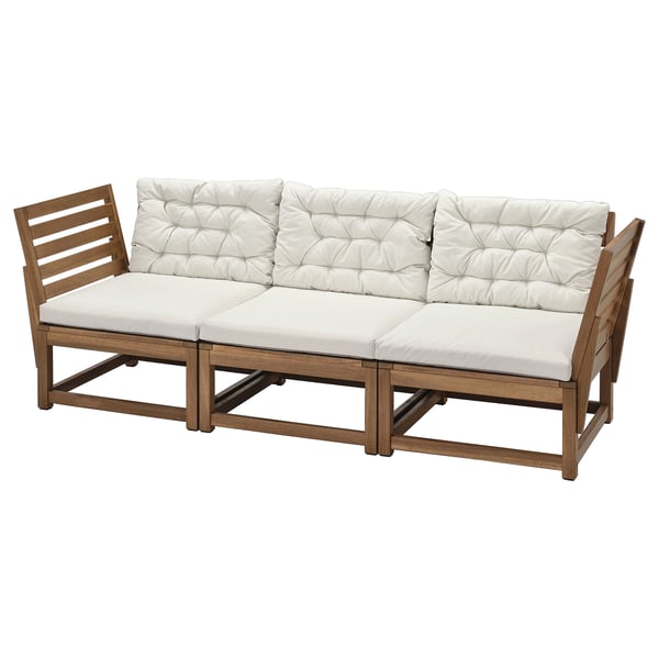 NÄMMARÖ 3-seat modular sofa, outdoor, armrests light brown stained/Kuddarna light grey-beige, 210x80x74 cm