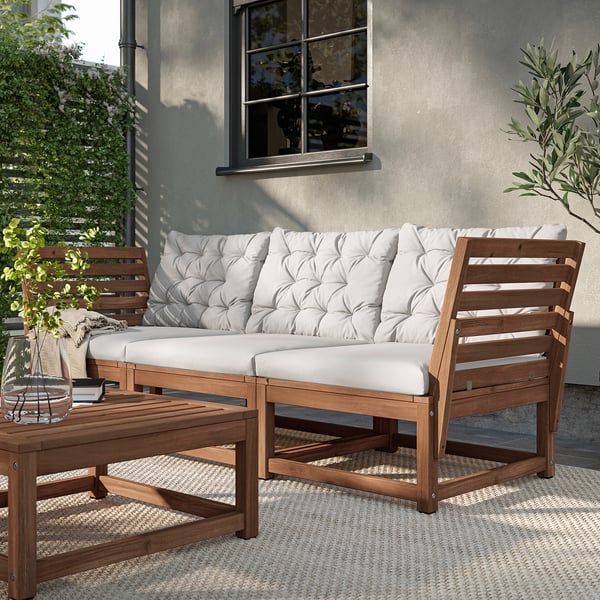 NÄMMARÖ 3-seat modular sofa, outdoor, armrests light brown stained/Kuddarna light grey-beige, 210x80x74 cm