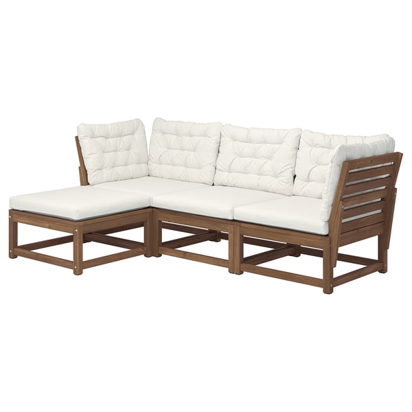 NÄMMARÖ 3-seat modular sofa, outdoor, with footstool light brown stained/Kuddarna light grey-beige, 210 cm