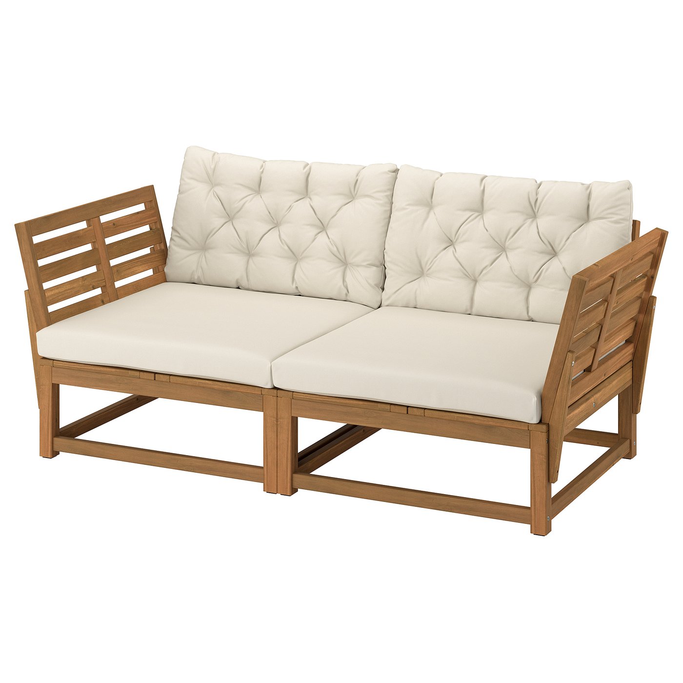 NÄMMARÖ 2-seat modular sofa, outdoor armrests/light brown stained Kuddarna light grey-beige, 183 cm
