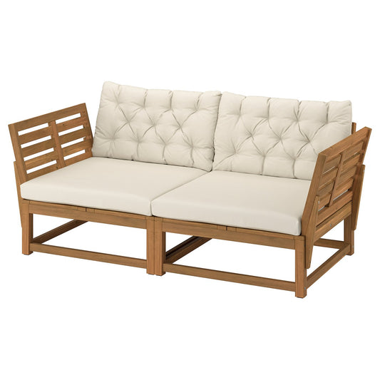 NÄMMARÖ 2-seat modular sofa, outdoor armrests/light brown stained Kuddarna light grey-beige, 162x86x92 cm