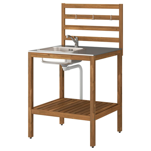 NÄMMARÖ unit for sink, light brown stained/stainless steel outdoor, 80x140x62 cm