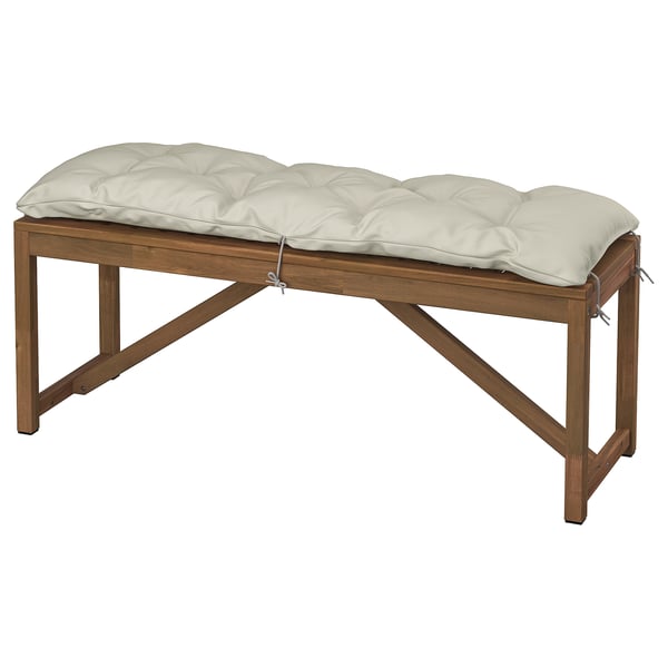 NÄMMARÖ - Bench with cushion, light brown stain/Kuddarna light grey-beige, 120 cm