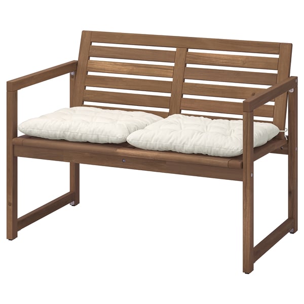 NÄMMARÖ bench with backrest and cushions, light brown stained/Kuddarna light grey-beige, 106x78x62 cm