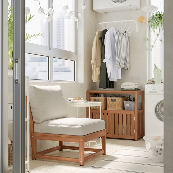 NÄMMARÖ easy chair, outdoor, light brown stained/Frösön/Duvholmen beige, 63 cm