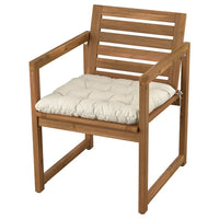 NÄMMARÖ chair with armrests, outdoor, light brown stained/Kuddarna light grey-beige, 56x78x62 cm