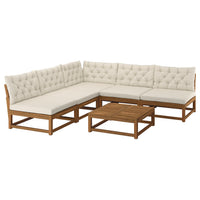 NÄMMARÖ 4-seat conversation set, outdoor, outdoor light brown stained/Kuddarna light grey-beige, 254 cm