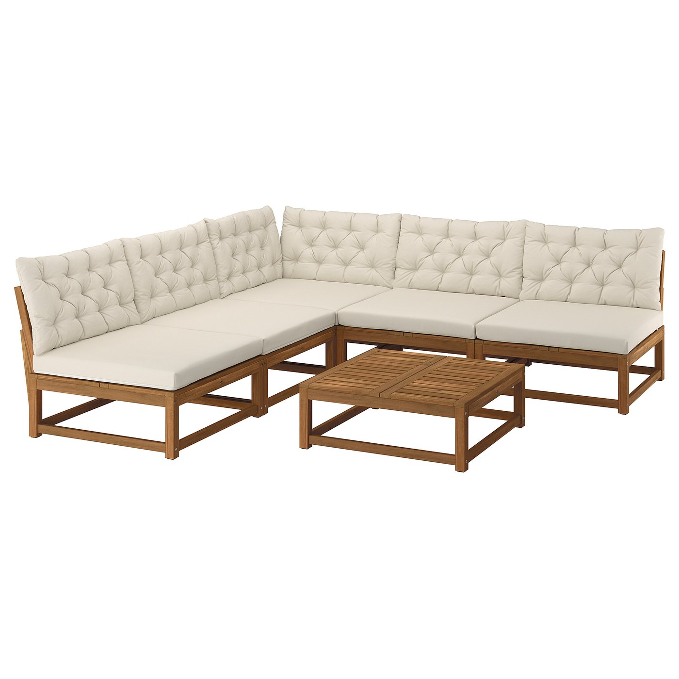 NÄMMARÖ 4-seat conversation set, outdoor, outdoor light brown stained/Kuddarna light grey-beige, 254 cm