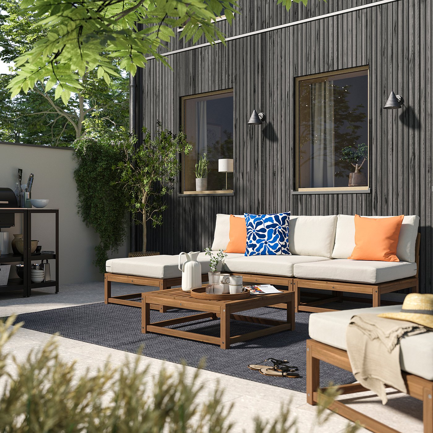 NÄMMARÖ 3-seat conversation set, outdoor light brown stained/Frösön/Duvholmen beige, 243 cm