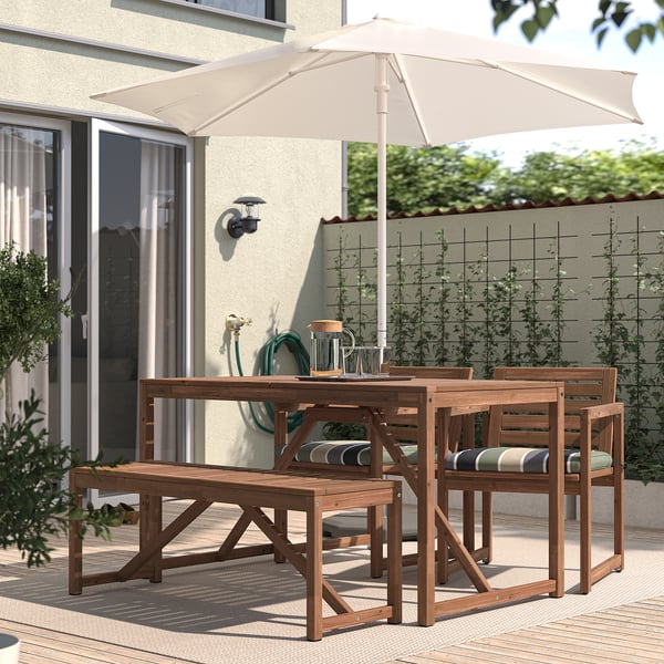 NÄMMARÖ - Garden table+2 chairs+bench, mordant light brown/Frösön/Duvholmen striped pattern