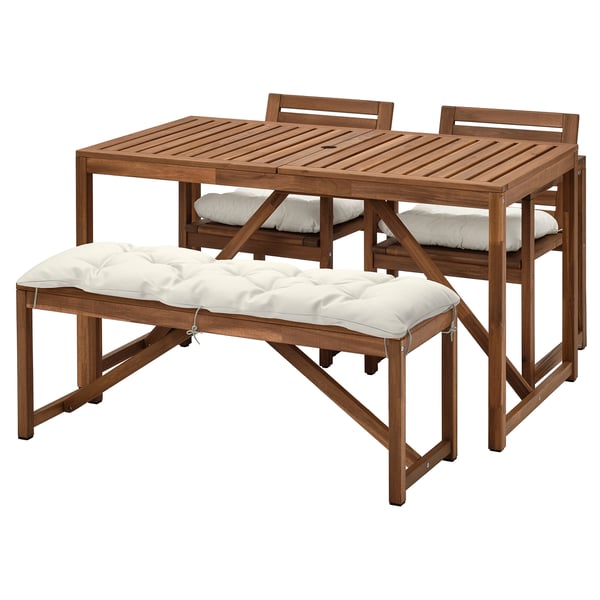 NÄMMARÖ - Garden table+2 chairs+bench, mordant light brown/Kuddarna light gray-beige,140x75 cm