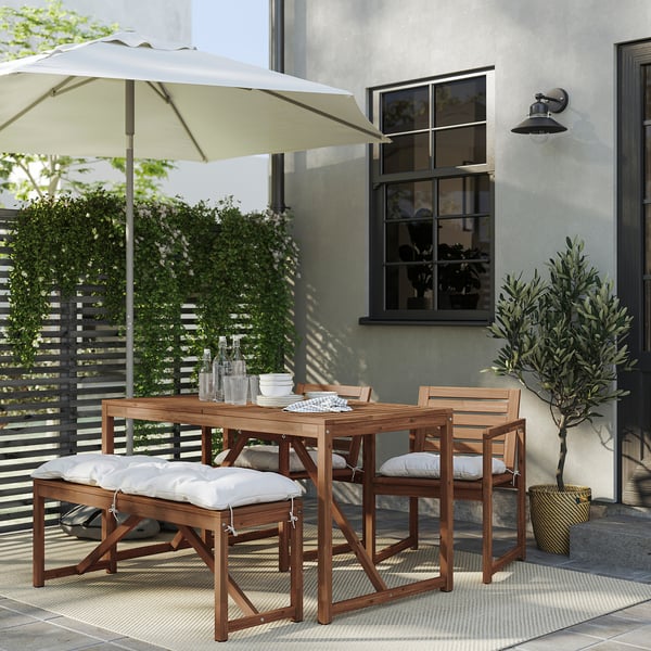 NÄMMARÖ table+2 chairs+ bench, outdoor, light brown stained/Kuddarna light grey-beige, 140x75 cm