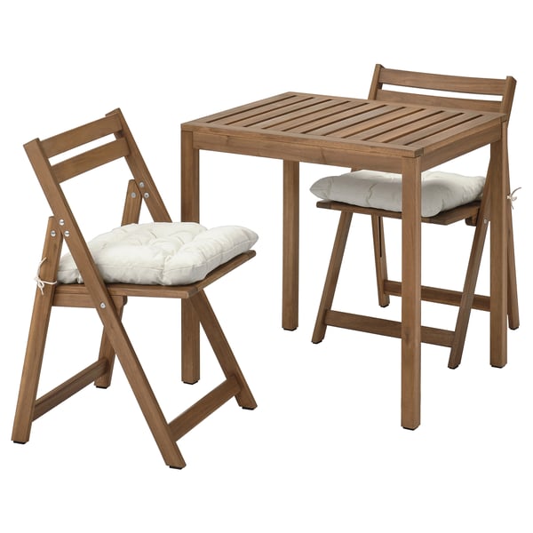 NÄMMARÖ table and 2 folding chairs, outdoor, light brown stained/Kuddarna light grey-beige, 75x63 cm