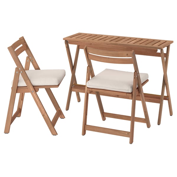 NÄMMARÖ table and 2 folding chairs, outdoor, foldable light brown stained/Frösön/Duvholmen beige, 108x37 cm