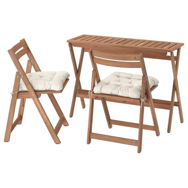 NÄMMARÖ table and 2 folding chairs, outdoor, foldable light brown stained/Kuddarna light grey-beige, 108x37 cm