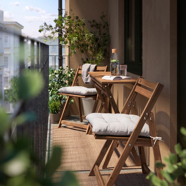 NÄMMARÖ - Folding table/2 chairs, garden, folding mordant light brown/Kuddarna light gray-beige,108x37 cm