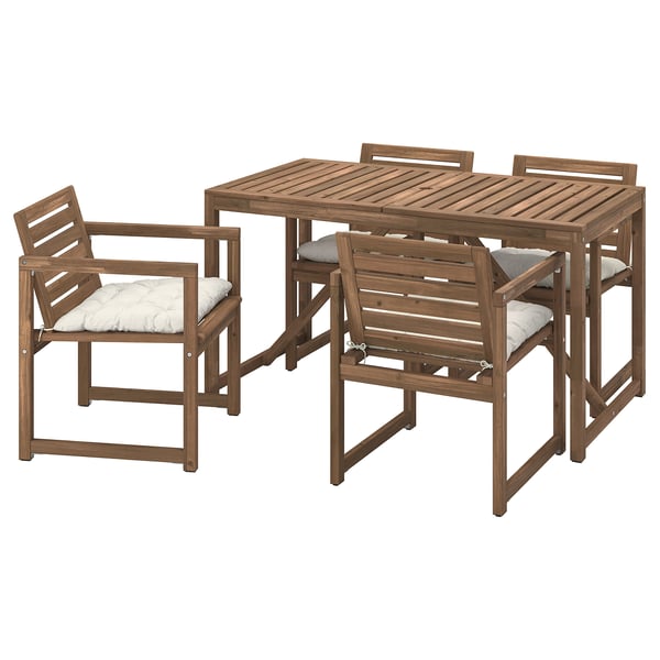 NÄMMARÖ table+4 chairs w armrests, outdoor, light brown stained/Kuddarna light grey-beige, 140x75 cm