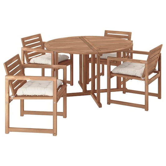 Ikea NÄMMARÖ - Table+4 chairs armrests, garden, mordant light brown/Kuddarna light gray-beige,130 cm