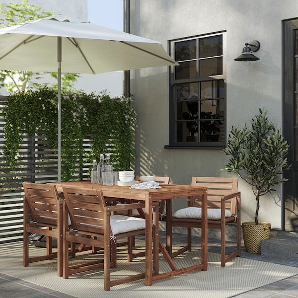 Ikea NÄMMARÖ - Table+4 chairs armrests, garden, mordant light brown/Kuddarna light gray-beige,140x75 cm