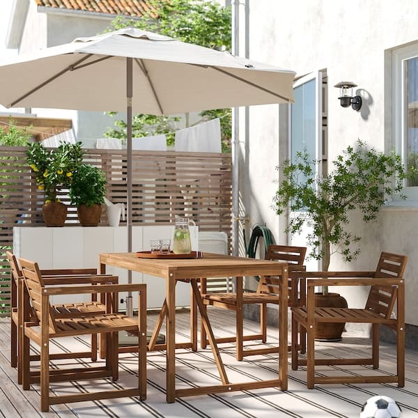 Ikea NÄMMARÖ - Table+4 chairs w armrests, outdoor, light brown stained, 140 cm