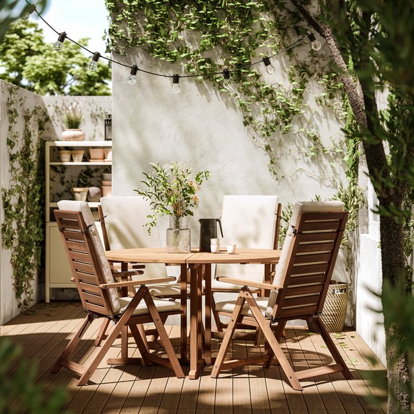 NÄMMARÖ table+4 reclining chairs, outdoor, light brown stained/Frösön/Duvholmen beige, 130 cm