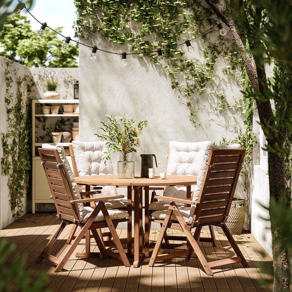 Ikea NÄMMARÖ - Table+4 relaxing chairs, garden, mordant light brown/Kuddarna light gray-beige,130 cm
