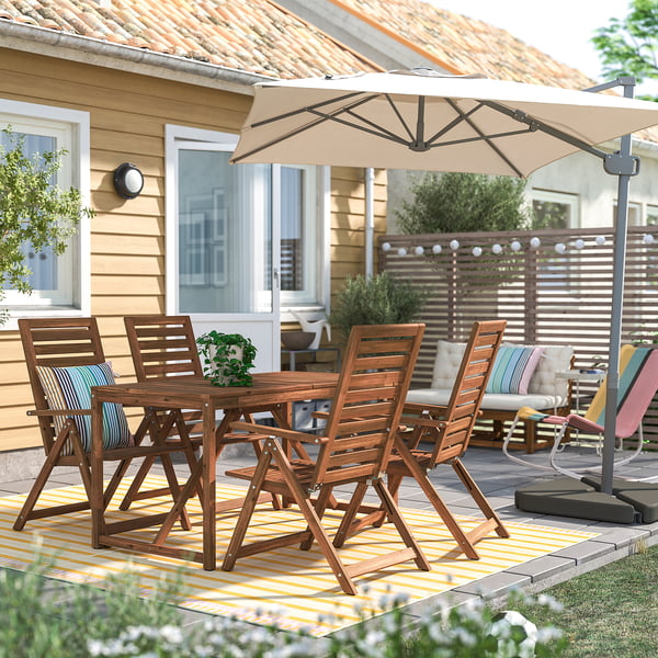 NÄMMARÖ - NÄMMARÖ Table+4 reclining chairs, outdoor, light brown stained, 140 cm