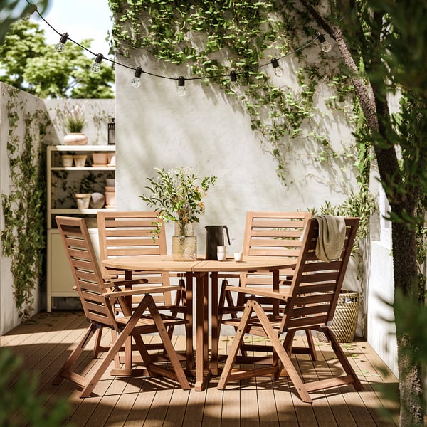NÄMMARÖ table+4 reclining chairs, outdoor, light brown stained, 130 cm