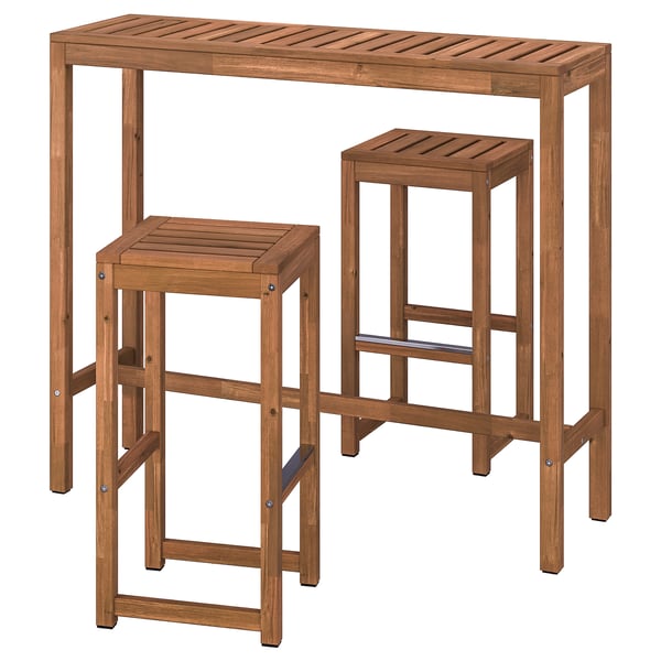 NÄMMARÖ bar table and 2 bar stools, outdoor, light brown stained, 120x40 cm