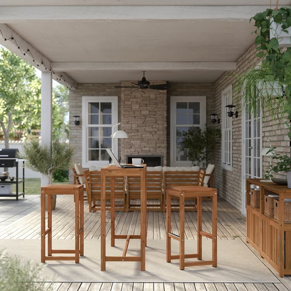 NÄMMARÖ bar table and 2 bar stools, outdoor, light brown stained, 120x40 cm