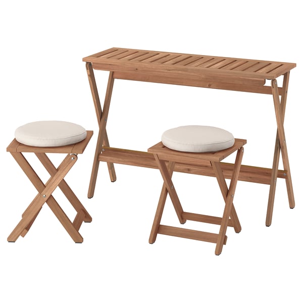 NÄMMARÖ table and 2 stools, outdoor, light brown stained foldable/foldable Frösön/Duvholmen beige, 108x37 cm