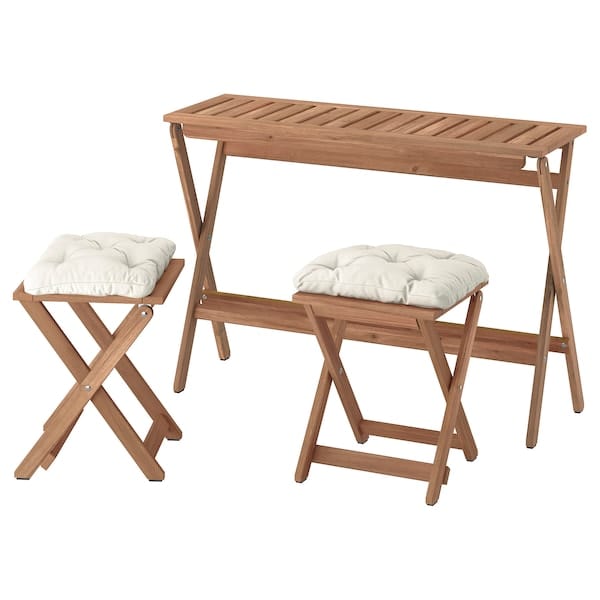 Ikea NÄMMARÖ - Table and 2 garden stools, mordant light brown folding/folding Kuddarna light gray-beige,108x37 cm