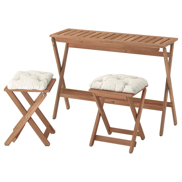 NÄMMARÖ table and 2 stools, outdoor, light brown stained foldable/foldable Kuddarna light grey-beige, 108x37 cm