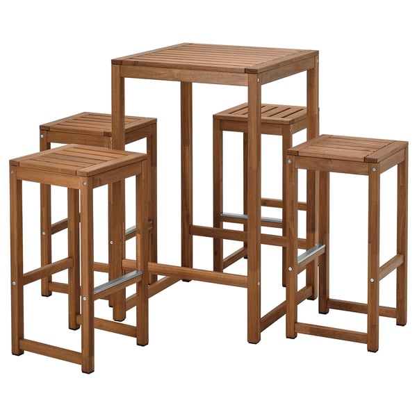 NÄMMARÖ bar table and 4 bar stools, outdoor/light brown stained, 63x63 cm