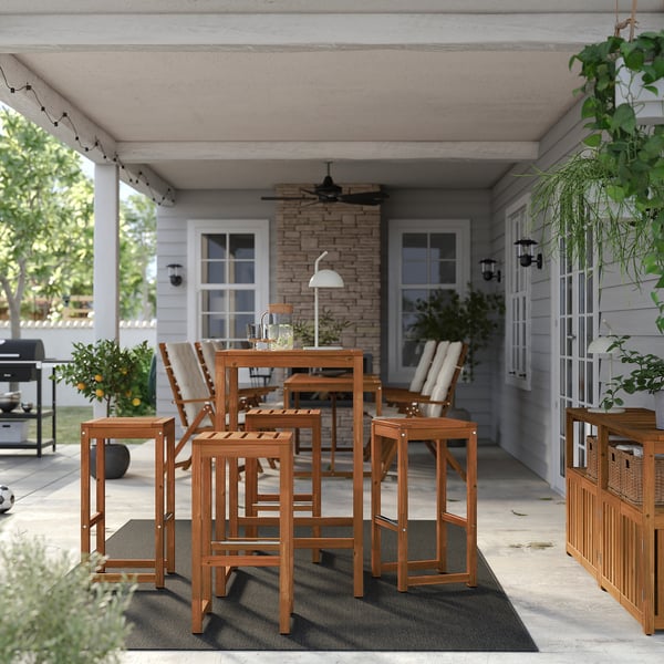 NÄMMARÖ bar table and 4 bar stools, outdoor/light brown stained, 63x63 cm