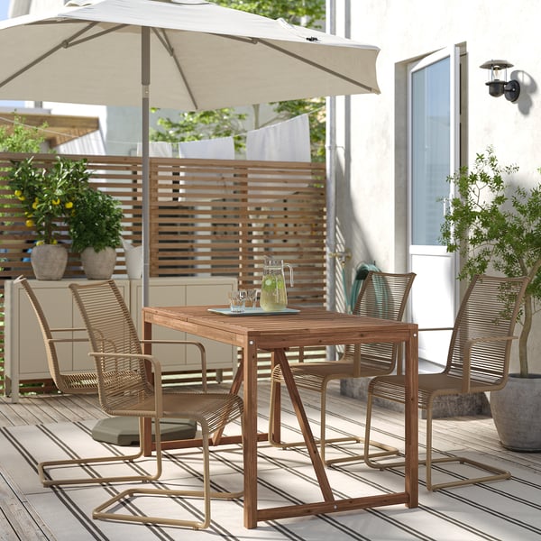 NÄMMARÖ / VÄSMAN table+4 chairs w armrests, outdoor, light brown stained/brown, 140 cm