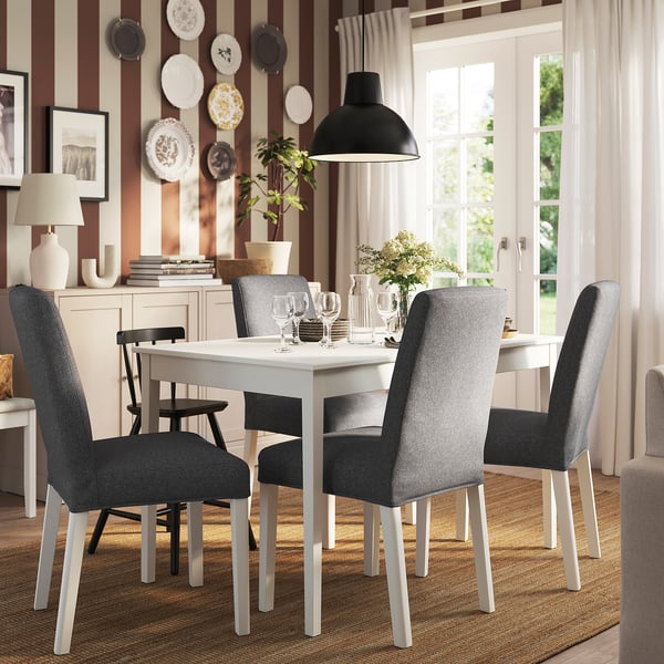 NÄSINGE / BERGMUND table and 4 chairs, white/Gunnared medium grey white, 130/190x80 cm
