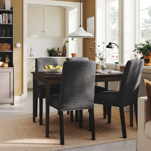 NÄSINGE / BERGMUND table and 4 chairs, dark brown stained beech veener/Gunnared medium grey black, 130x80 cm