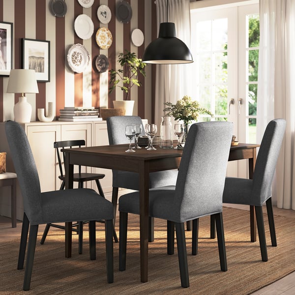 NÄSINGE / BERGMUND - Table and 4 chairs, dark brown beech veneer / stained / Gunnared smoke grey black, 130/190x80 cm - Min. table length: 130 cm Max. table length: 190 cm Table width: 80 cm Table height: 75 cm Chair width: 52 cm Chair depth: 59 cm Cha...