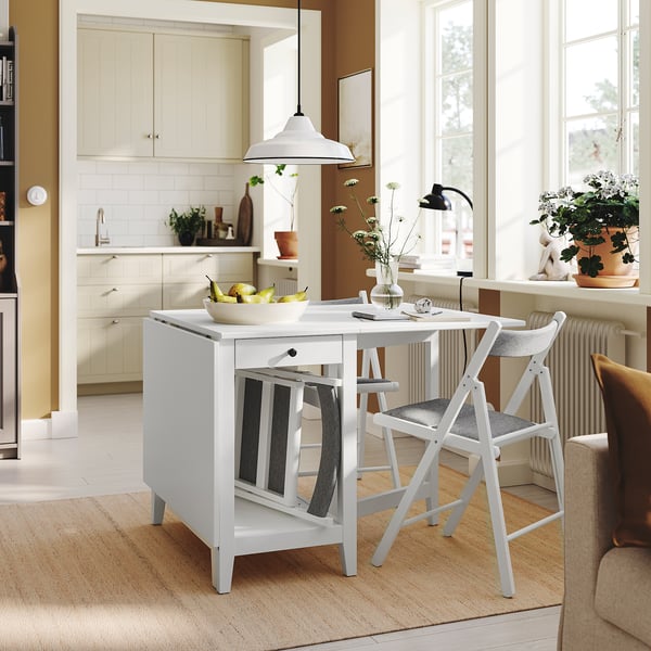 NÄSINGE / FRÖSVI table and 2 chairs, gateleg table white/folding white/Knisa light grey, 48/104/159x85 cm