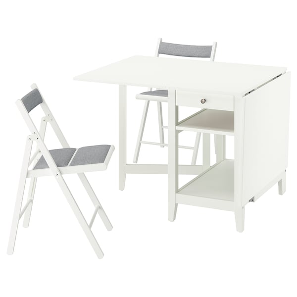 NÄSINGE / FRÖSVI table and 2 chairs, gateleg table white/folding white/Knisa light grey, 48/104/159x85 cm