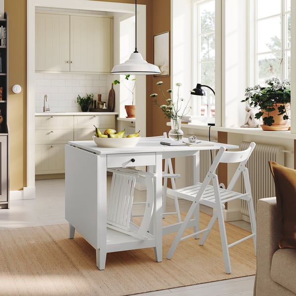NÄSINGE / FRÖSVI table and 2 chairs, gateleg table white/folding white, 48/104/159x85 cm