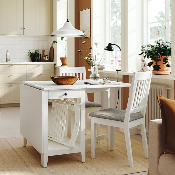 NÄSINGE / NÄSINGE table and 2 chairs, gateleg table white/white Tibbleby beige-grey, 48/104/159x85 cm
