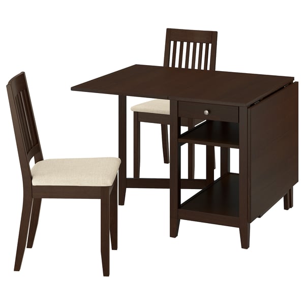 NÄSINGE / NÄSINGE - Table and 2 chairs, drop-leaf table, beech veneer, dark brown/dark brown stained, Kilanda, light beige, 48/104/159x85 cm - Min. table length: 48 cmTable length: 104 cmMax. table length: 159 cmTable width: 85 cmTable height: 75 cmCha...