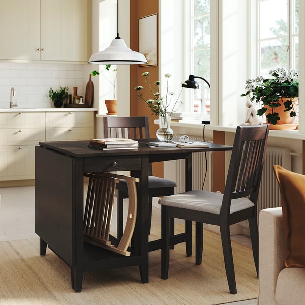 NÄSINGE / NÄSINGE - Table and 2 chairs, drop-leaf table, beech veneer, dark brown/dark brown stained, Kilanda, light beige, 48/104/159x85 cm - Min. table length: 48 cmTable length: 104 cmMax. table length: 159 cmTable width: 85 cmTable height: 75 cmCha...