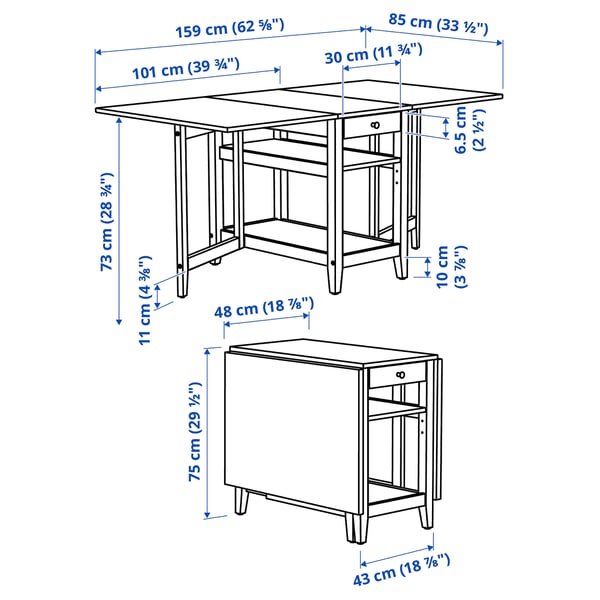 NÄSINGE / NORDVIKEN table and 2 chairs, gateleg table white/white, 48/104/159x85 cm