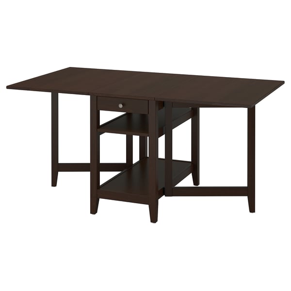 NÄSINGE gateleg table with storage, dark brown stained/beech veneer, 48/104/159x85 cm