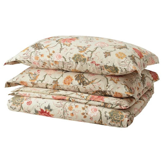 Ikea NÄSSELKLOCKA - Duvet cover and 2 pillowcases, light grey-beige/multicolour, 240x220/50x80 cm